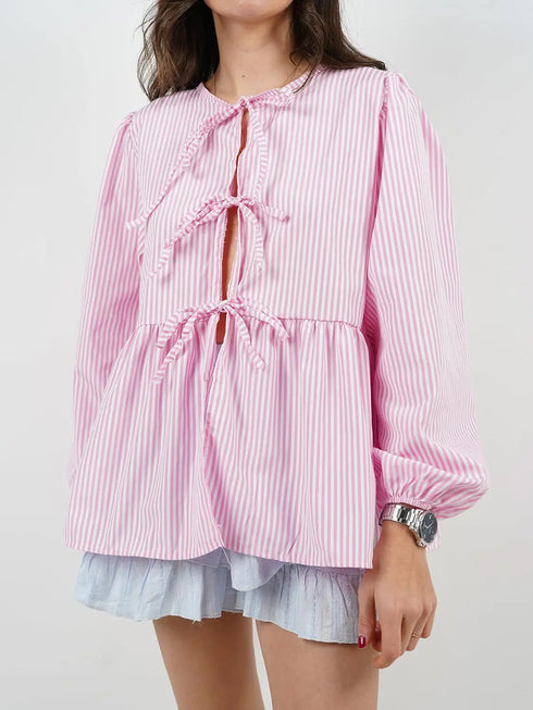 'Adalet' Linen Look Tie Front Smock Blouse - Celes Fashion